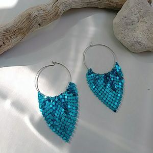 Blue Chainmail Mesh Hoop Gypsy Earring